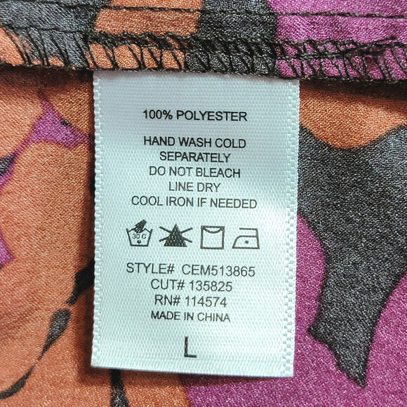 Pleione Floral Silky Blouse Scoop Neck Long Sleeve Purple Orange Black Top Large - Picture 12 of 13